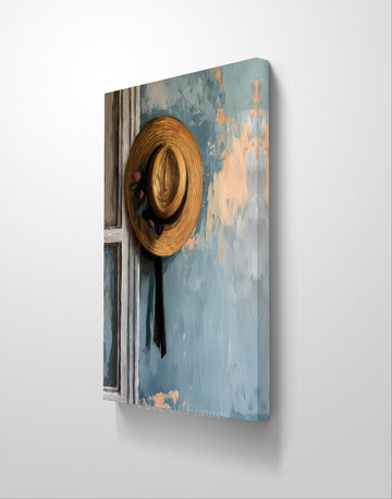 Rustic Elegance: A Straw Hat on a Weathered Door