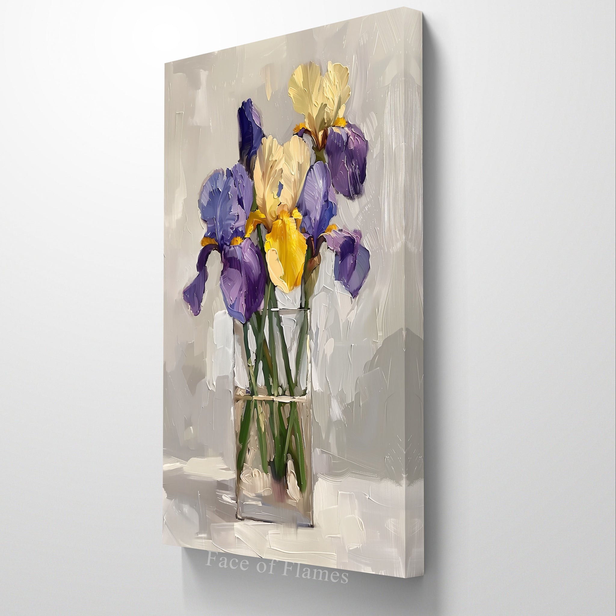 Vibrant Irises in Glass Vase