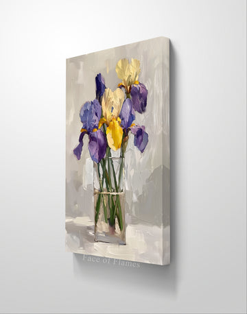 Vibrant Irises in Glass Vase